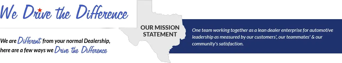 We are different from your normal dealership, here are a few ways we drive the difference. One team working together as a lean dealer enterprise for automotive leadership as measured by our customers', our teammates' & our community's satisfaction.