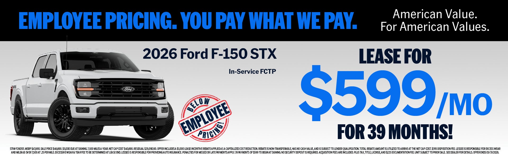 Lease a 2026 F-150 STX for $599/mo!